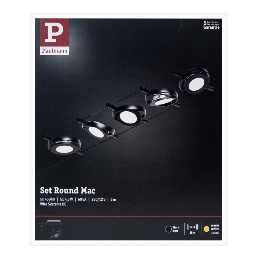 Paulmann 94418 - SET 5xLED/4,5W Einbauleuchte für Seilsystem ROUNDMAC 230V schwarz