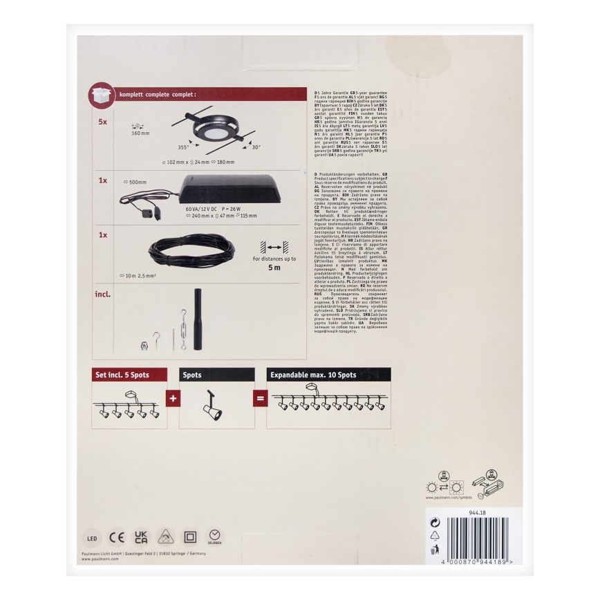 Paulmann 94418 - Set 5xLED/4,5W Komplettes Seilsystem ROUNDMAC 230V schwarz