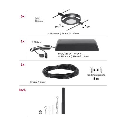 Paulmann 94418 - Set 5xLED/4,5W Komplettes Seilsystem ROUNDMAC 230V schwarz