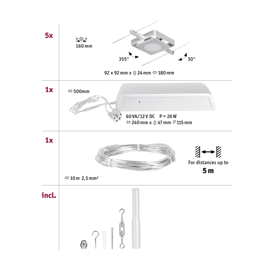 Paulmann 94420 - SET 5xLED/4,5W Komplettes Seilsystem MAC 230V mattchrom