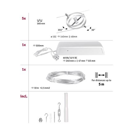 Paulmann 94436 - 5er-Set GU5.3/10W Komplettes CARDAN-Seilsystem 230 V mattchrom