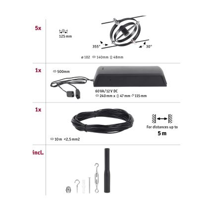 Paulmann 94440 - SET 5xGU5,3/10W Komplettes Seilsystem CARDAN 230V schwarz