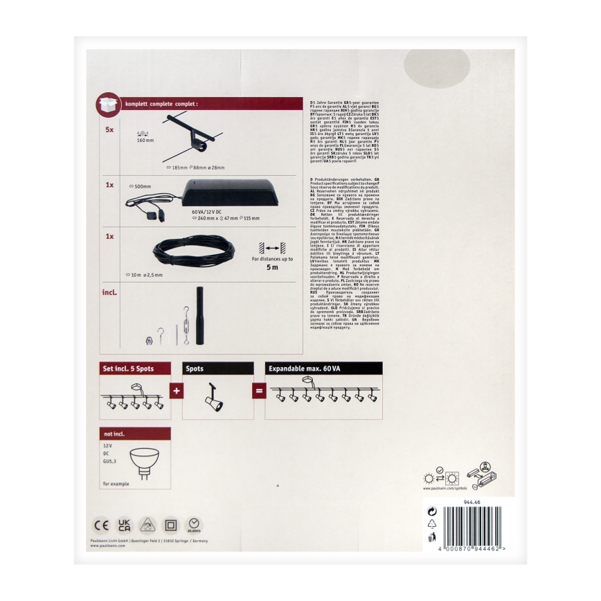 Paulmann 94446 - SET 5xGU5,3/10W Einbauleuchte für Seilsystem SALT 230V schwarz