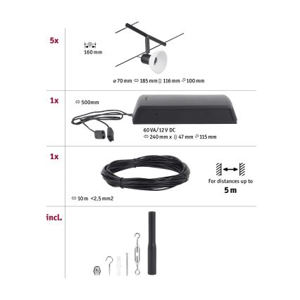 Paulmann 94450 - SET 5xGU5,3/10W Komplettes Seilsystem SHEELA 230V schwarz