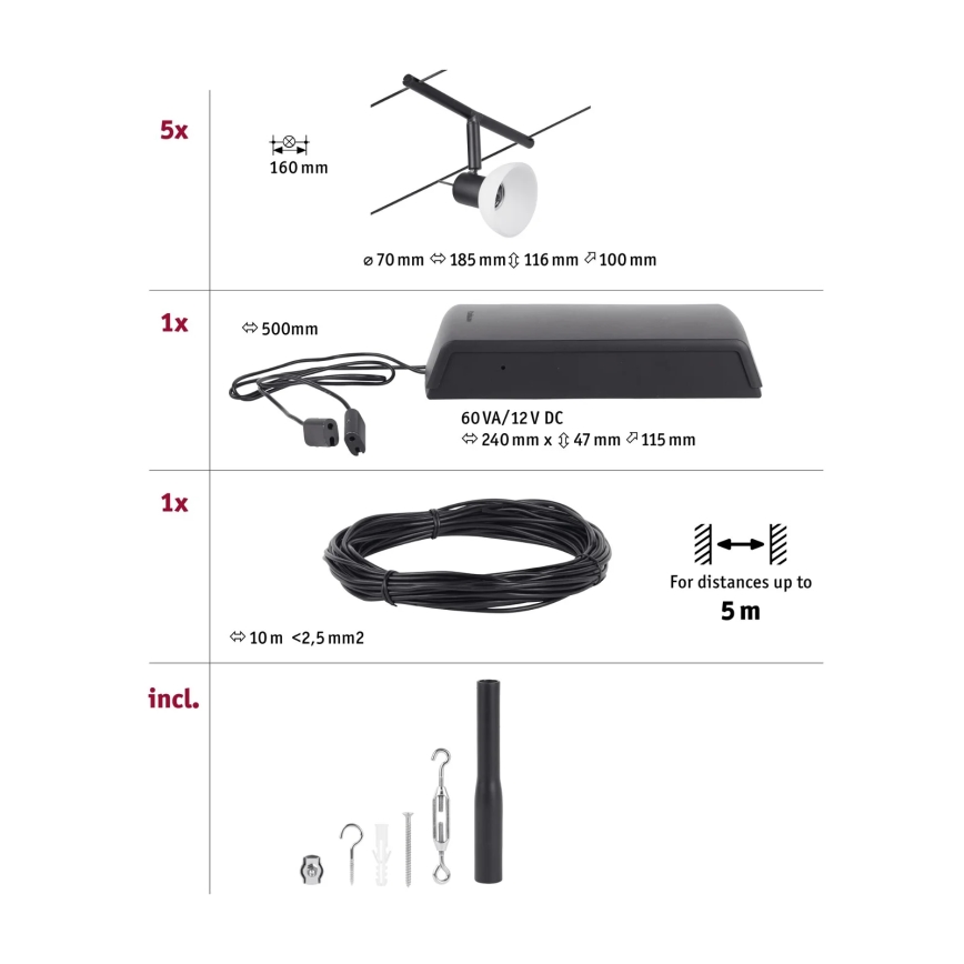 Paulmann 94450 - SET 5xGU5,3/10W Komplettes Seilsystem SHEELA 230V schwarz