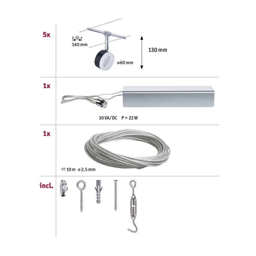 Paulmann 94457 - SET 5xLED/4W Spot für Seilsystem CLEAR 230V schwarz/glänzender Chrom