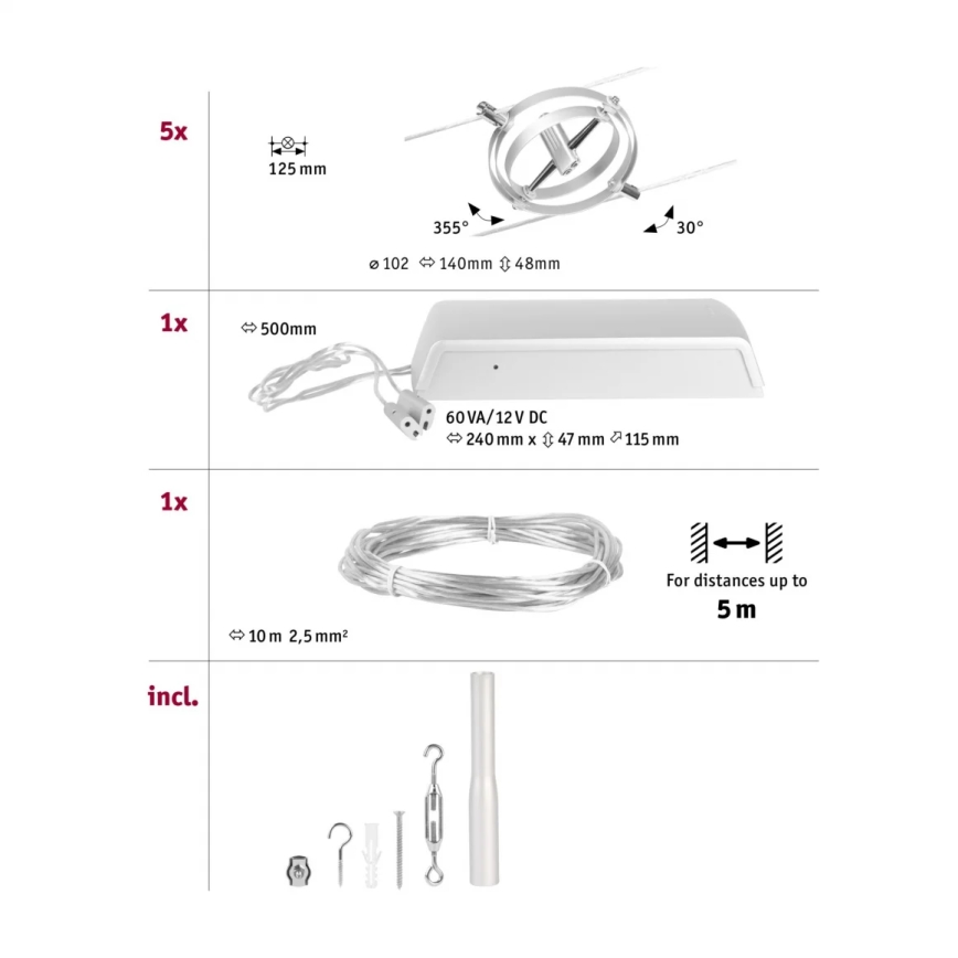 Paulmann 94490 - SET 8xGU5,3/7,5W Einbauleuchte für Seilsystem CARDAN 230V mattchrom