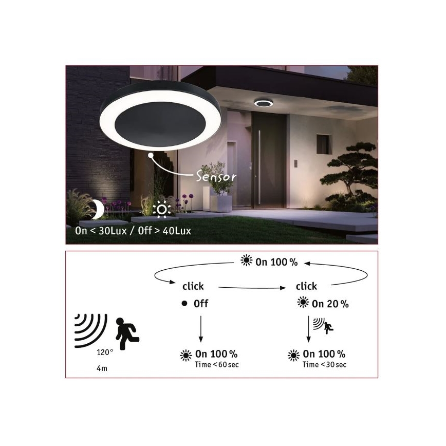 Paulmann 94526 - LED/14W IP44 Outdoor-Deckenleuchte mit Sensor CIRCULA 230V