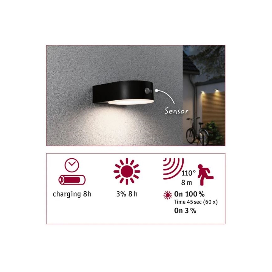 Paulmann 94570 - LED/5,5W IP44 Solar-Wandleuchte mit Sensor EILEEN 3,7V 2000 mAh