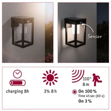 Paulmann 94572 -LED/5,5W IP44 Solar-Wandleuchte mit Sensor MARISOL 3,7V