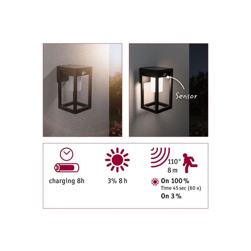Paulmann 94572 -LED/5,5W IP44 Solar-Wandleuchte mit Sensor MARISOL 3,7V 2000 mAh