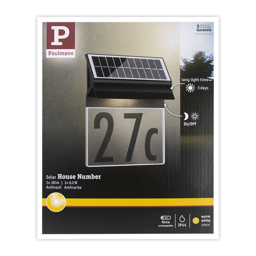 Paulmann 94694 - LED/0,2W IP44 Solární domovní číslo NEDA 3,7V