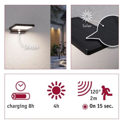 Paulmann 95393 - LED/4W IP44 Dimmbare Solar-Wandleuchte mit Sensor SOLVEIG 3,7V 2000 mAh