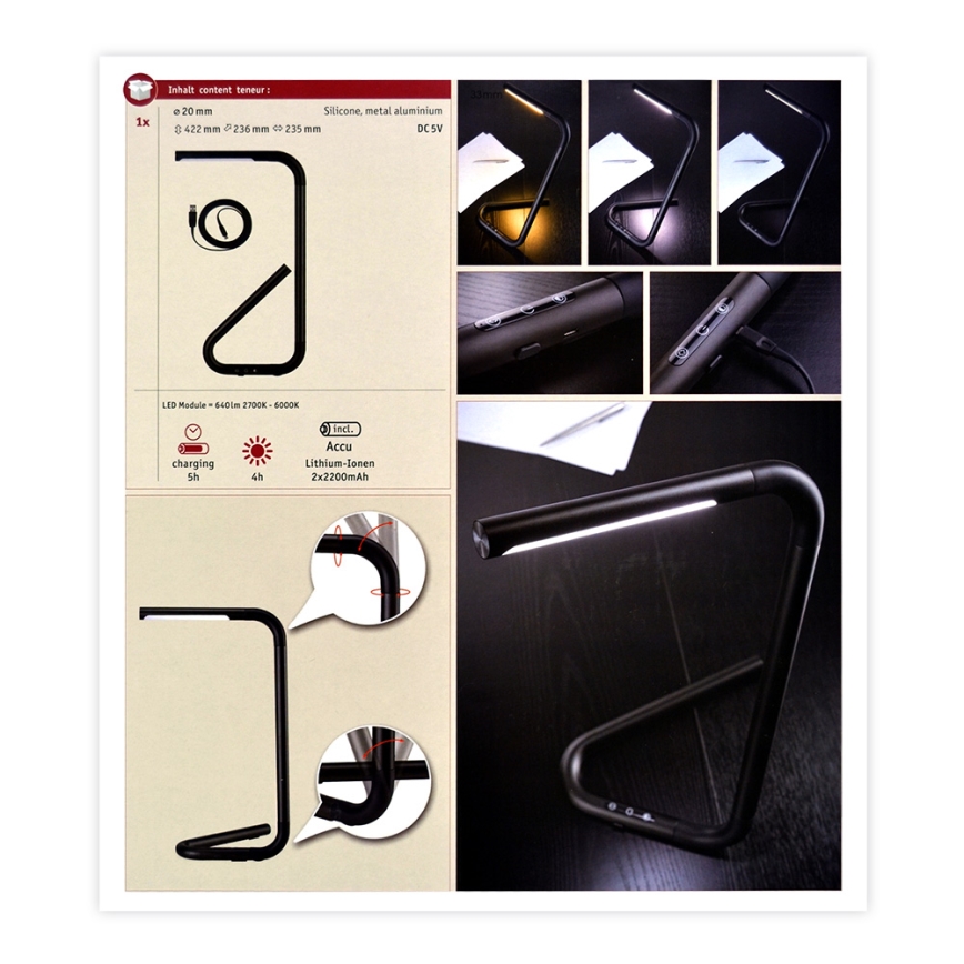 Paulmann 95424 - LED/4,5W Dimmbares Touch-Tischlicht FLEXLINK 5V/USB 4400 mAh Schwarz