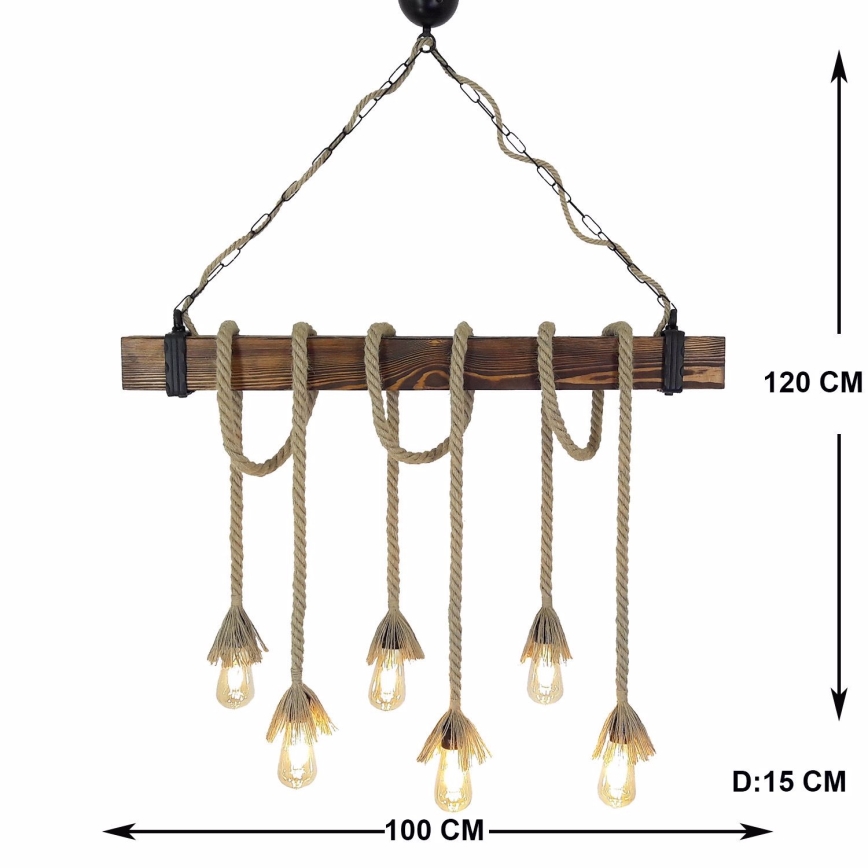 Pendelleuchte mit Seilaufhängung KUTUK 6xE27/40W/230V Kiefer