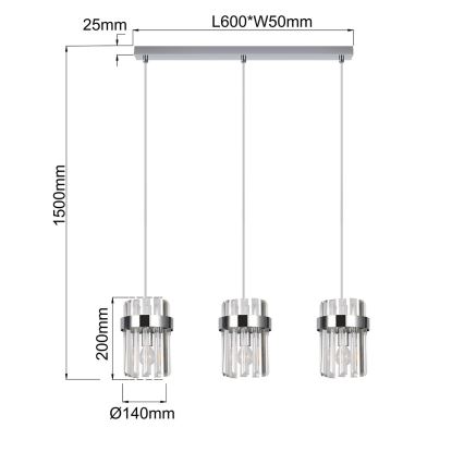 Pendelleuchte VETRO mit Kabelabhängung, 3xE14/10W/230V, glänzender Chrom