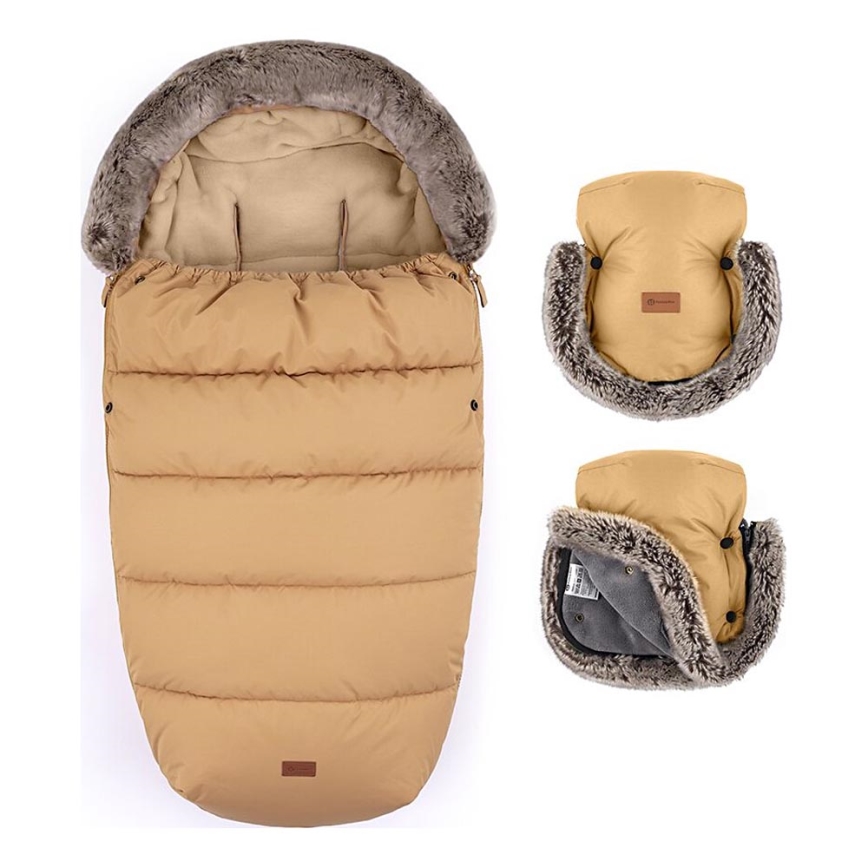 PETITE&MARS - SET Baby-Fußsack 4in1 COMFY + Kinderwagen-Handschuhe FURRY Elegant Caramel