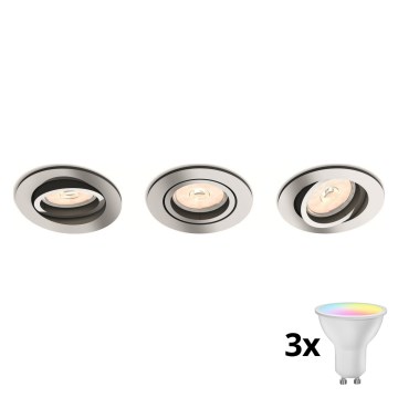 Philips - 3er-Set dimmbare LED RGBW Einbaustrahler 1xGU10/4,8W/230V Hochglanz-Chrom + Fernbedienung