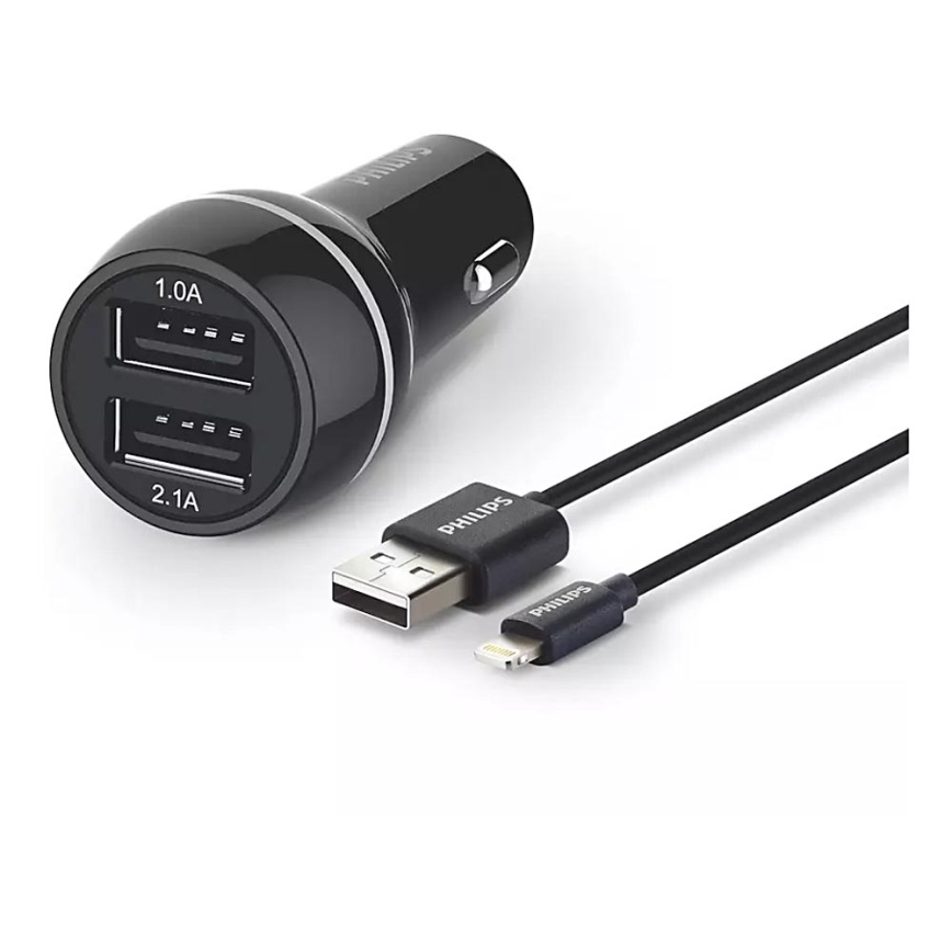 Philips DLP2357V/10 – Autoladegerät 2xUSB/12V + Kabel USB/Lightning-Anschluss