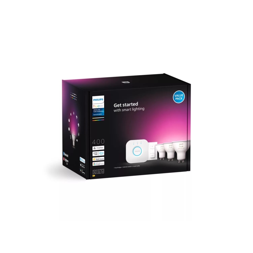 Starter-Set Philips Hue WHITE AND COLOR AMBIANCE 3xGU10/4,2W/230V 2000-6500K + Hue Bridge und Dimmschalter