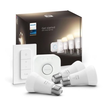Philips Hue WHITE Starter-Set 3xE27/9,5W 2700K + Hue Bridge und Dimmer-Schalter