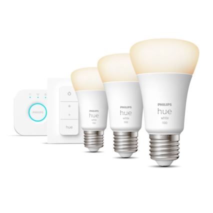Philips Hue WHITE Starter-Set 3xE27/9,5W 2700K + Hue Bridge und Dimmer-Schalter