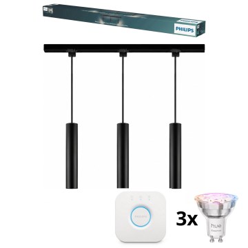 Philips - LED RGBW dimmbare Hängeleuchte mit Seilabhängung im EASYLINK HUE Schienensystem 3xGU10/4,7W/230V 2200-6500K 1m schwarz + Hue Bridge