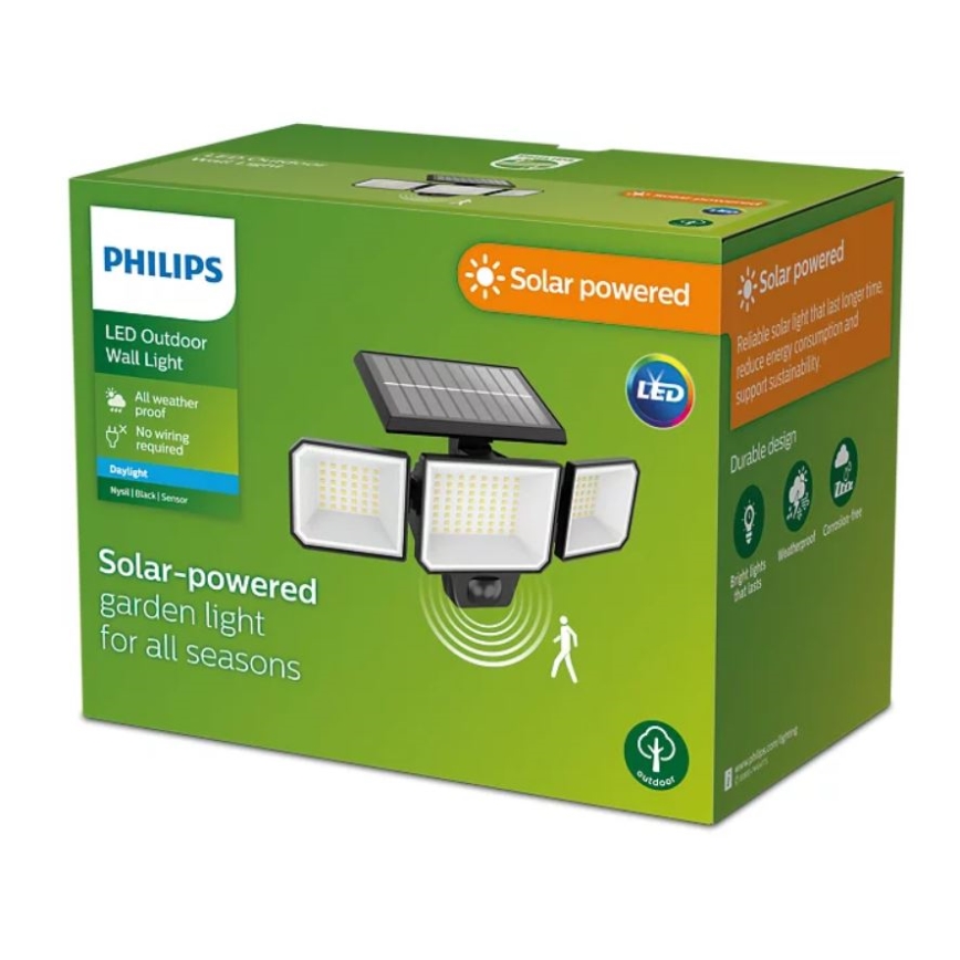 Philips - LED Solar-Wandstrahler mit Bewegungs- und Dämmerungssensor NYSIL 3xLED/8,7W/3,7V 2000 mAh IP65