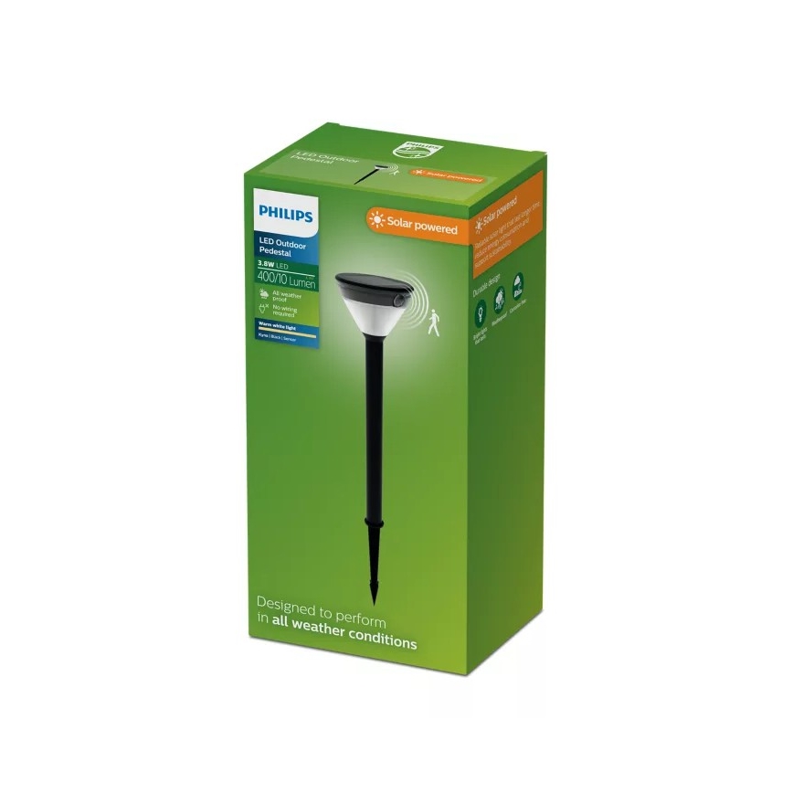 Philips - LED-Solarlampe KYNA mit Sensor, 3,8 W / 3,7 V, 800 mAh, 2700 K, IP44, schwarz