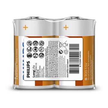 Philips R20L2F/10 - 2 Stück Zinkchlorid-Batterie D LONGLIFE 1,5V 5000mAh