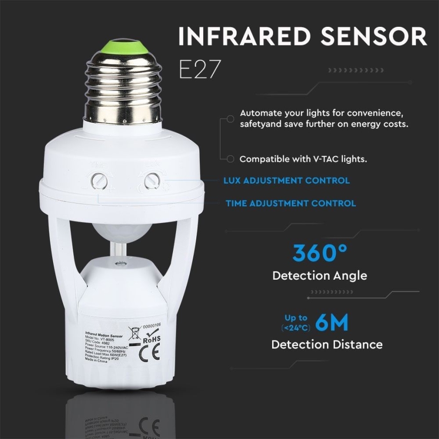 PIR-Sensor für E27-Glühlampe weiß