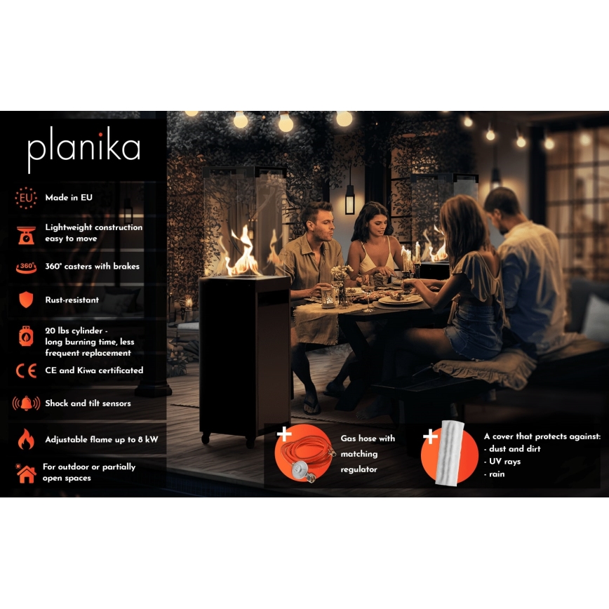 Planika - Außen-Gaskamin 142x36 cm 8kW 1xAAA schwarz + Schutzabdeckung