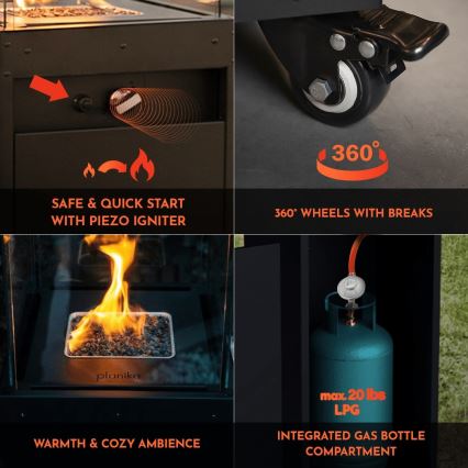 Planika - Outdoor-Gaskamin 142x36 cm 8kW 1xAAA grau + Schutzabdeckung