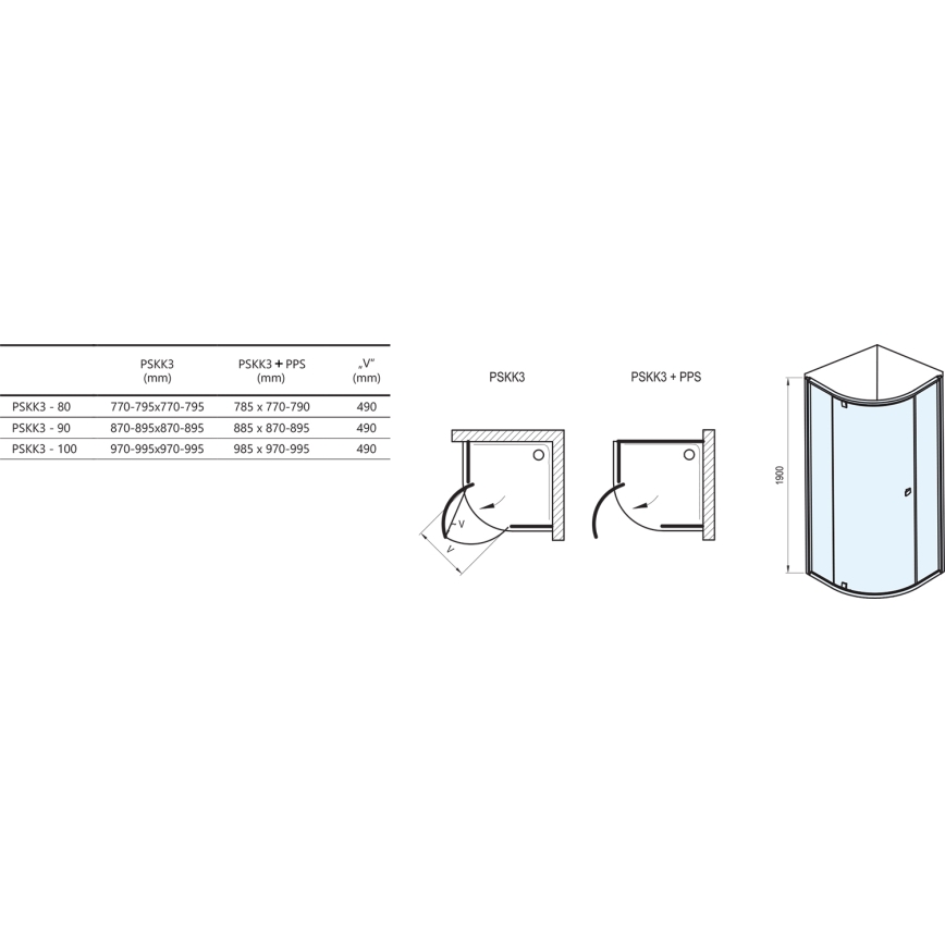 Ravak 37677U00Z1 - Dreiteilige viertelkreisförmige Duschkabine PIVOT 90x90 cm satiniert