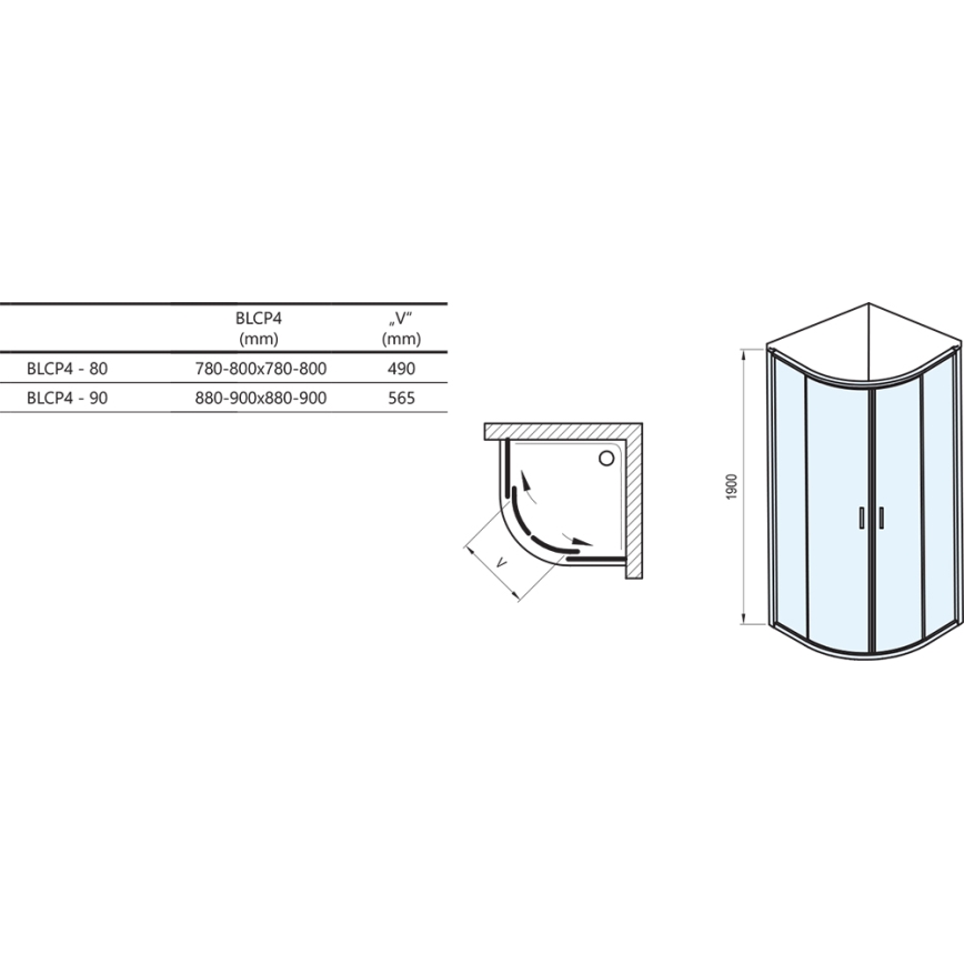 Ravak 3B270C00Z1B - viertelkreisförmige vierteilige Duschkabine BLIX 90x90 cm, glänzender Chrom