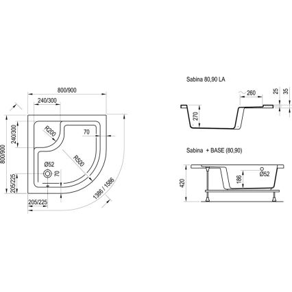 Ravak A217001020 - Viertelkreisförmige Duschwanne SABINA 90x90 cm weiß
