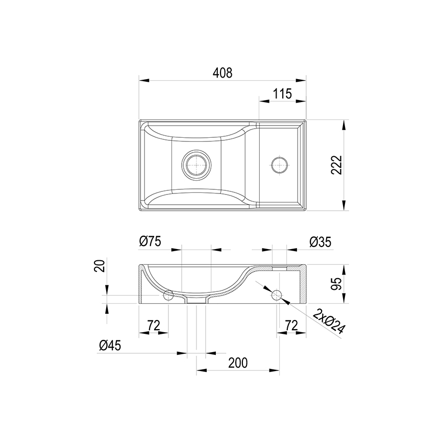 Ravak XJXL1240000 - Wandwaschbecken VEDA 40,8x22,2 cm Keramik/weiß