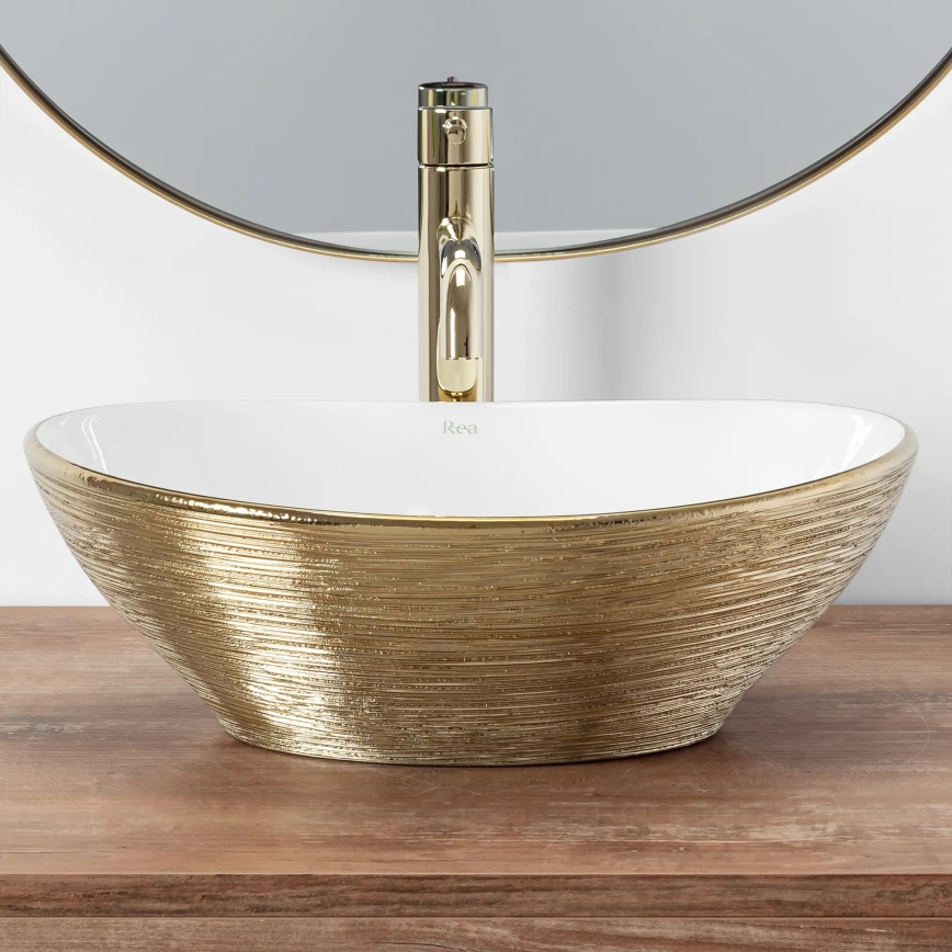 REA-U3697 - Aufsatzwaschbecken SOFIA 34,5x41 cm Keramik/Weiß/gebürstetes Gold