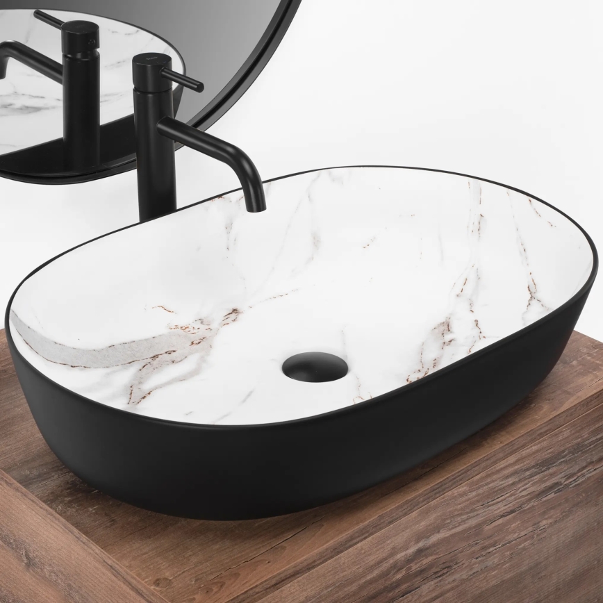 REA-U6625 - Aufsatzwaschbecken CLEO 41x60,5 cm Keramik/schwarz/weiß/Marmordekor