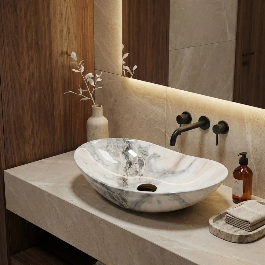 REA-U8596 - Aufsatzwaschbecken ROYAL 36 x 62,5 cm Keramik/Weiß/Grau/Steinoptik