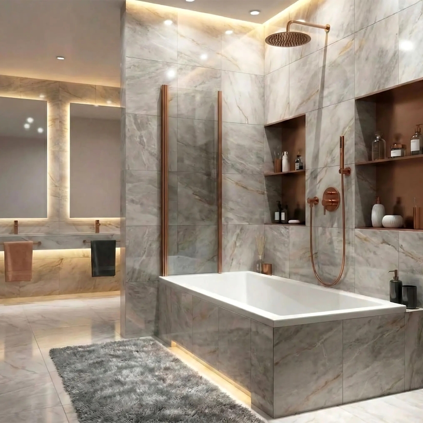 REA-W5696 - Faltbare Badewannenabtrennung AGAT 140 x 80 cm, gebürstetes Kupfer/Klarglas