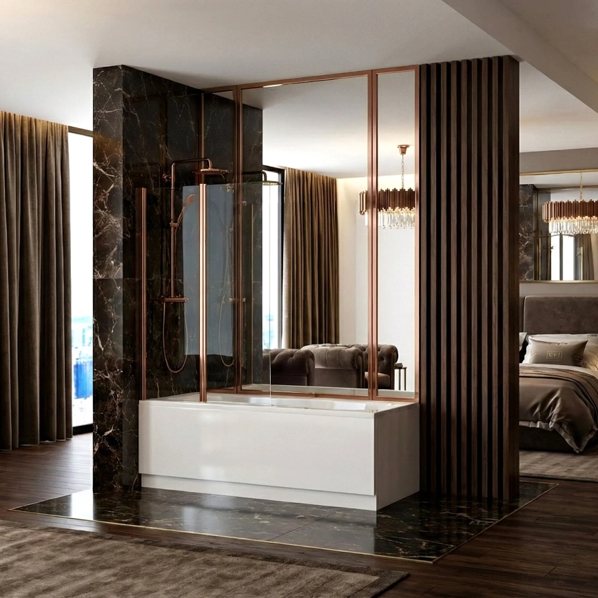 REA-W5696 - Faltbare Badewannenabtrennung AGAT 140 x 80 cm, gebürstetes Kupfer/Klarglas