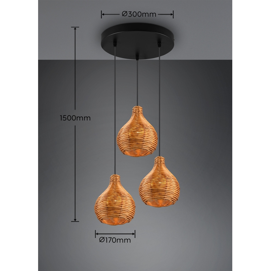 Reality - Pendelleuchte an Kabel SPROUT 3xE14/40W/230V braun/Rattan