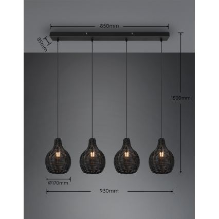 Reality - Pendelleuchte an Kabel SPROUT 4xE14/30W/230V schwarz/Rattan