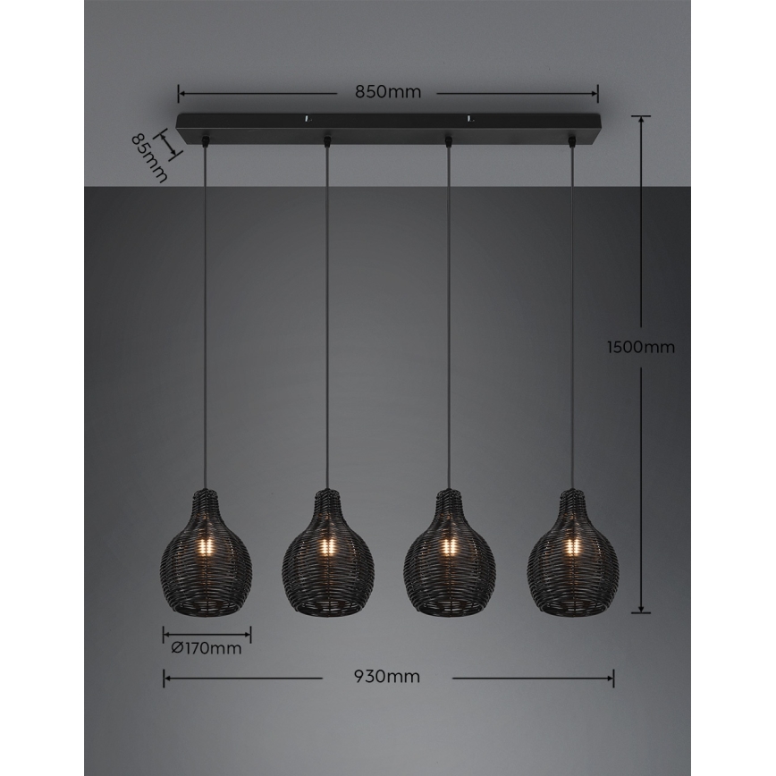 Reality - Pendelleuchte an Kabel SPROUT 4xE14/30W/230V schwarz/Rattan