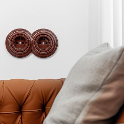Reblig - Doppelsteckdose im Retro-Design mit Rahmen, 230 V, Braun