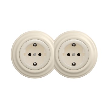 Reblig - Doppelsteckdose im Retro‑Stil mit Rahmen, SCHUKO 230V, Beige