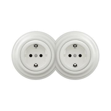 Reblig - doppelte Retro-Steckdose für den Haushalt mit Rahmen, SCHUKO 230 V, Keramik, Weiß