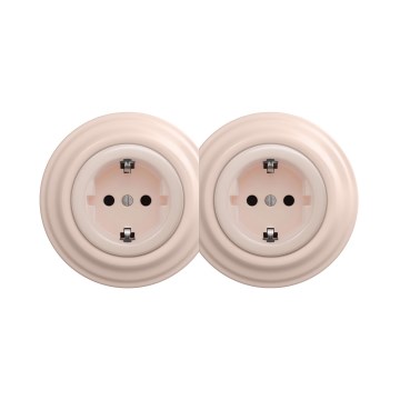 Reblig - Doppelte Retro-Steckdose für Hausinstallation mit Rahmen, SCHUKO 230 V, Altrosa