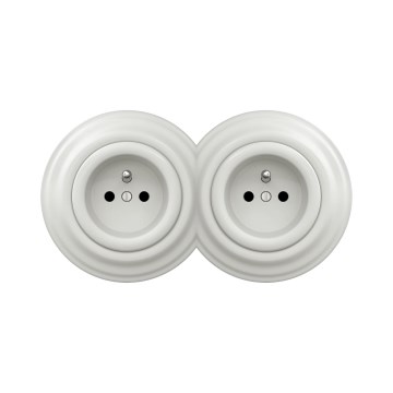 Reblig - doppelte Retro-Wandsteckdose mit Rahmen, 230 V, Keramik, weiß